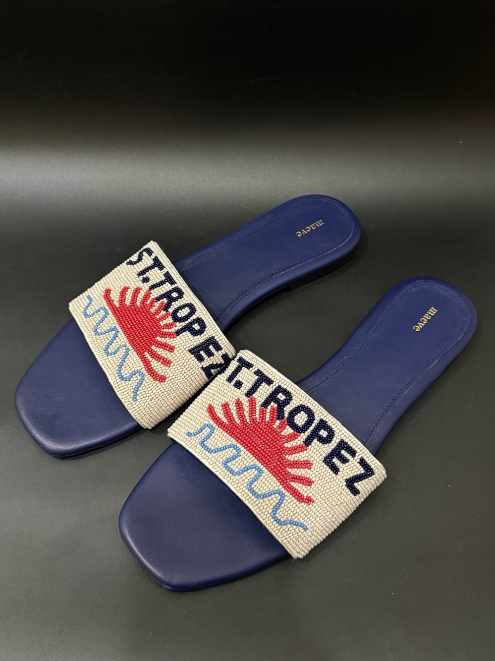 MAEVE Anthropologie Navy St. Tropez Fiona Beaded Slide Sandals Size 10 US 41 EU